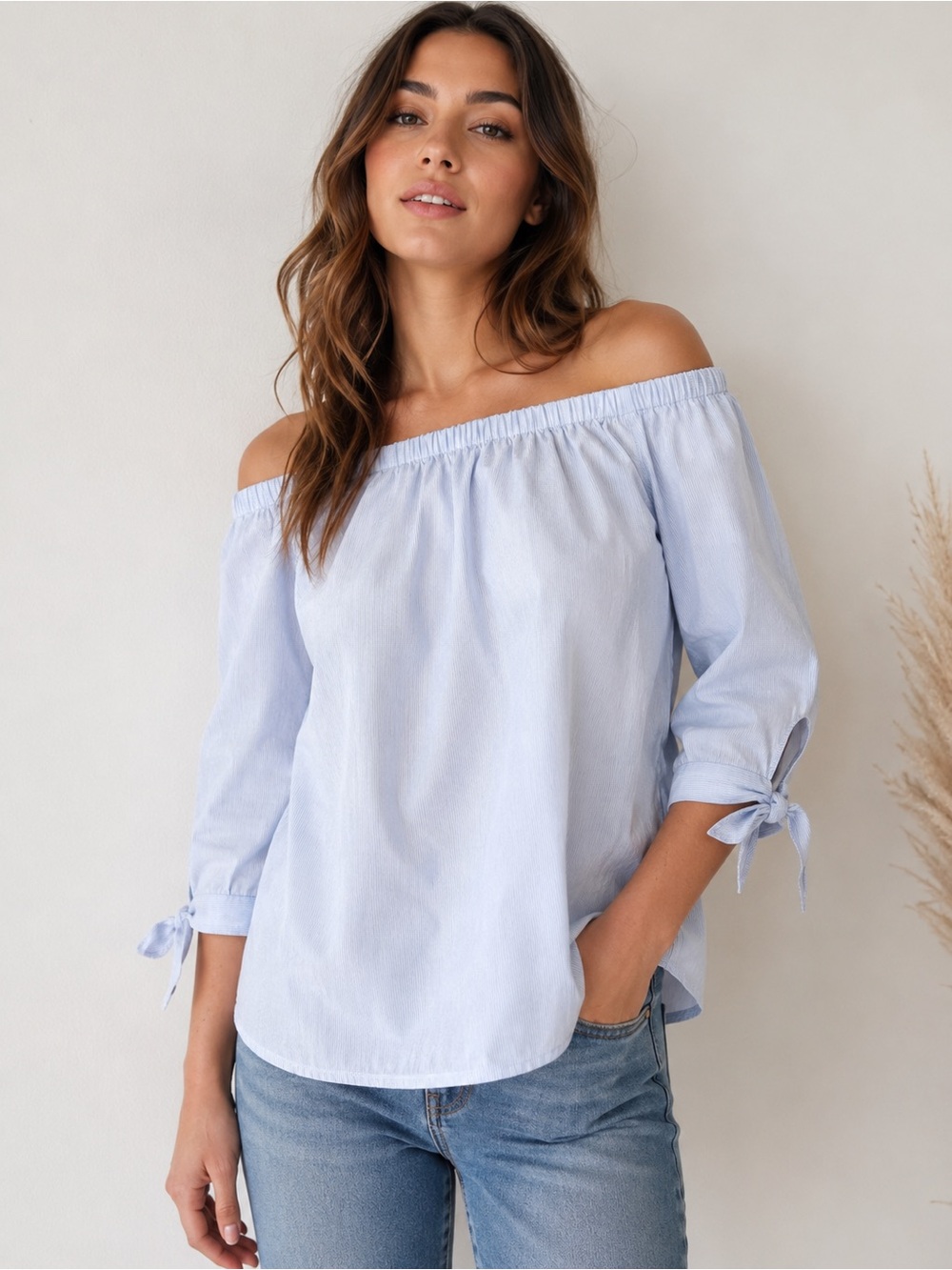 Mango Off Shoulder Cotton Blouse Blue Stripe Tie Sleeve Top Size S